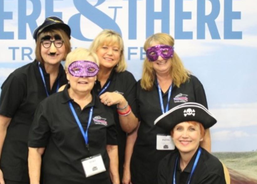 Sue, Mary, Cindy, Patty and Nadine at the Here and There Travel Fest in Portland, Oregon at the Oregon Convention Center on October 10, 2015.