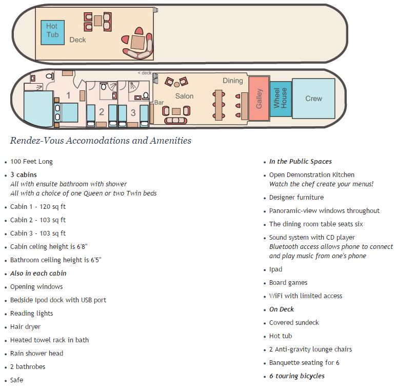 The Deck plan, accommodations, and amenities onboard the Rendez-Vous in Burgundy.