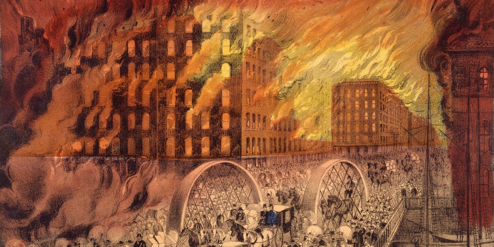 illustration of Great Chicago Fire by Currier and Ives