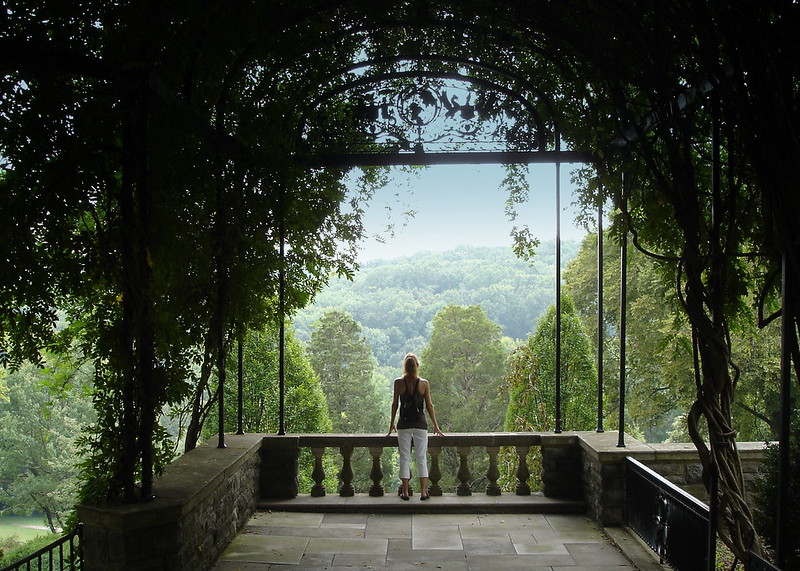 woman with back to photo standing on a balcony looking out at view of green trees