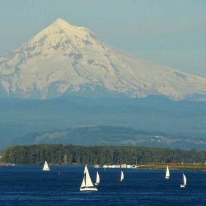 columbia river with mt hood and sailboats