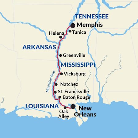 Memphis to New Orleans River Cruise Map