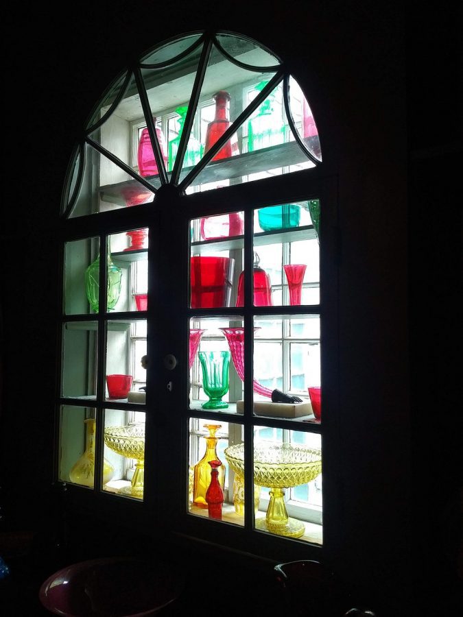 colored glass display at Beauport
