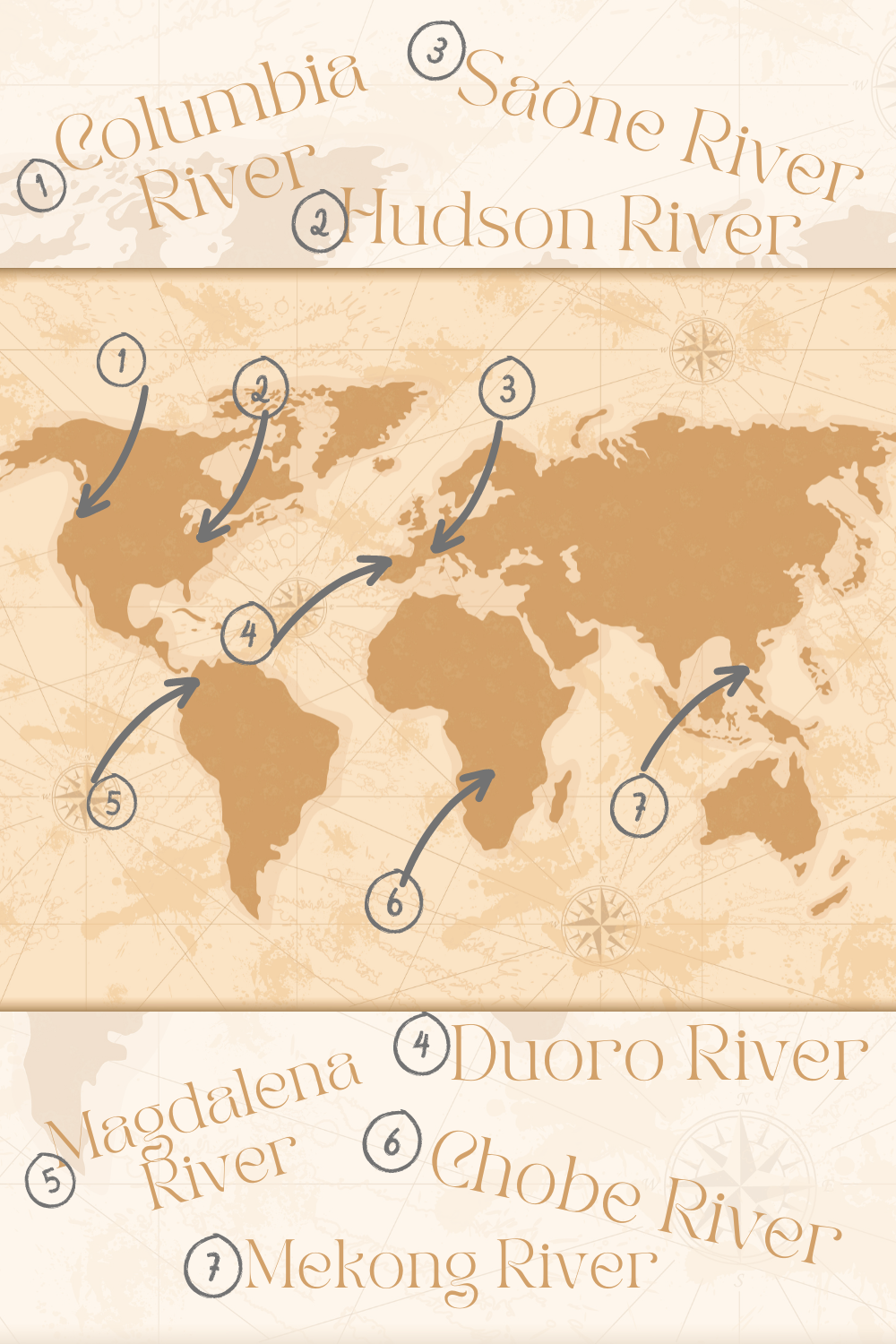 map showing a few of the world rivers for cruising